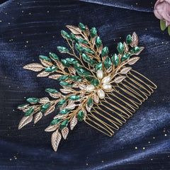 Alloy Leaf Hair Comb Vintage Green Rhinestone Bridal Hair Accessory