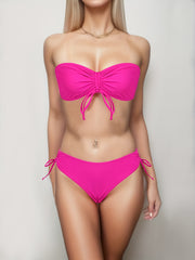 Bandeau Tie Front Two Pieces Set Bikini Drawstring Tie Side High Cut Swimsuit