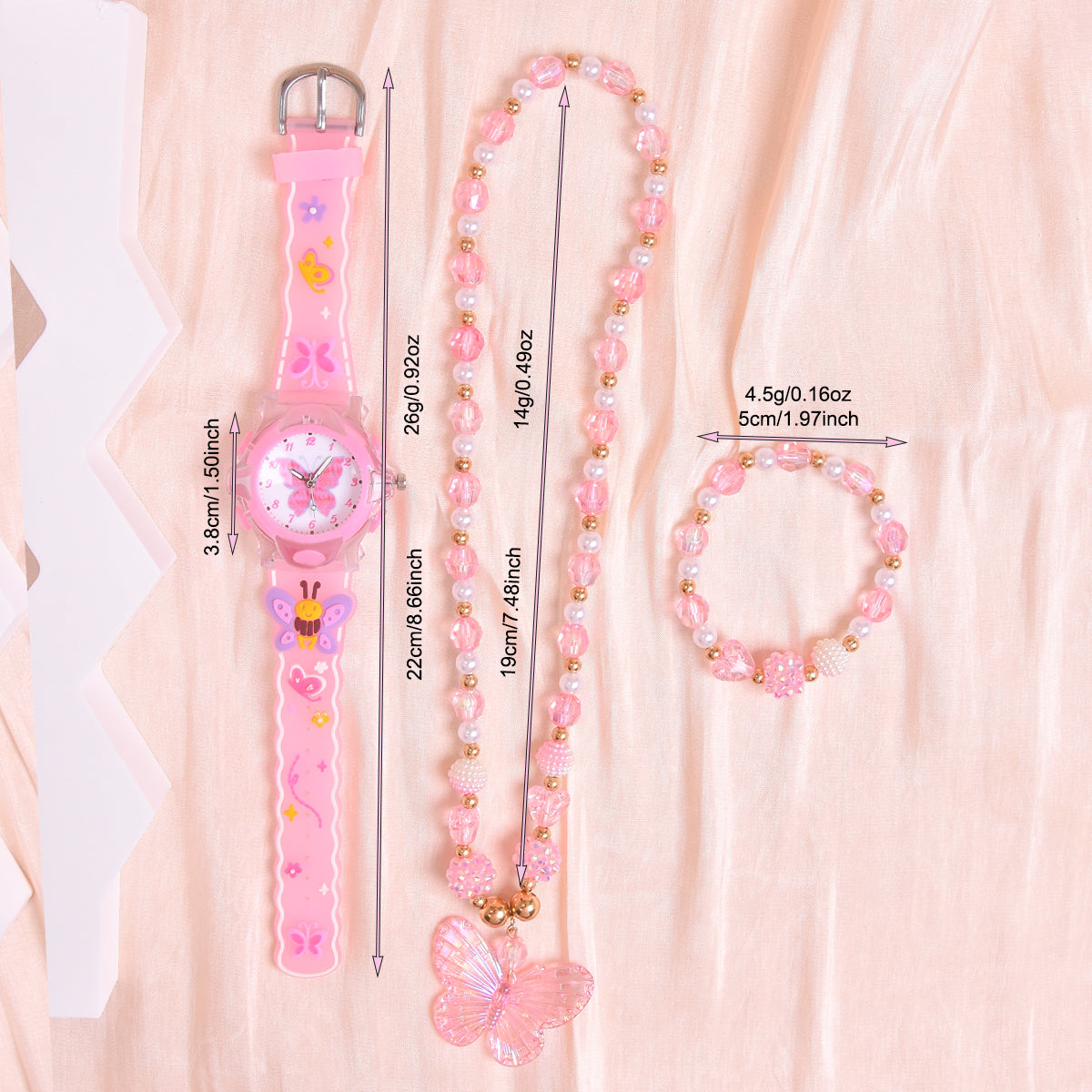 3pcs Butterfly Watch Set for Girls Pink Glow in Dark Quartz Wristwatch Necklace