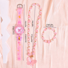 3pcs Butterfly Watch Set for Girls Pink Glow in Dark Quartz Wristwatch Necklace