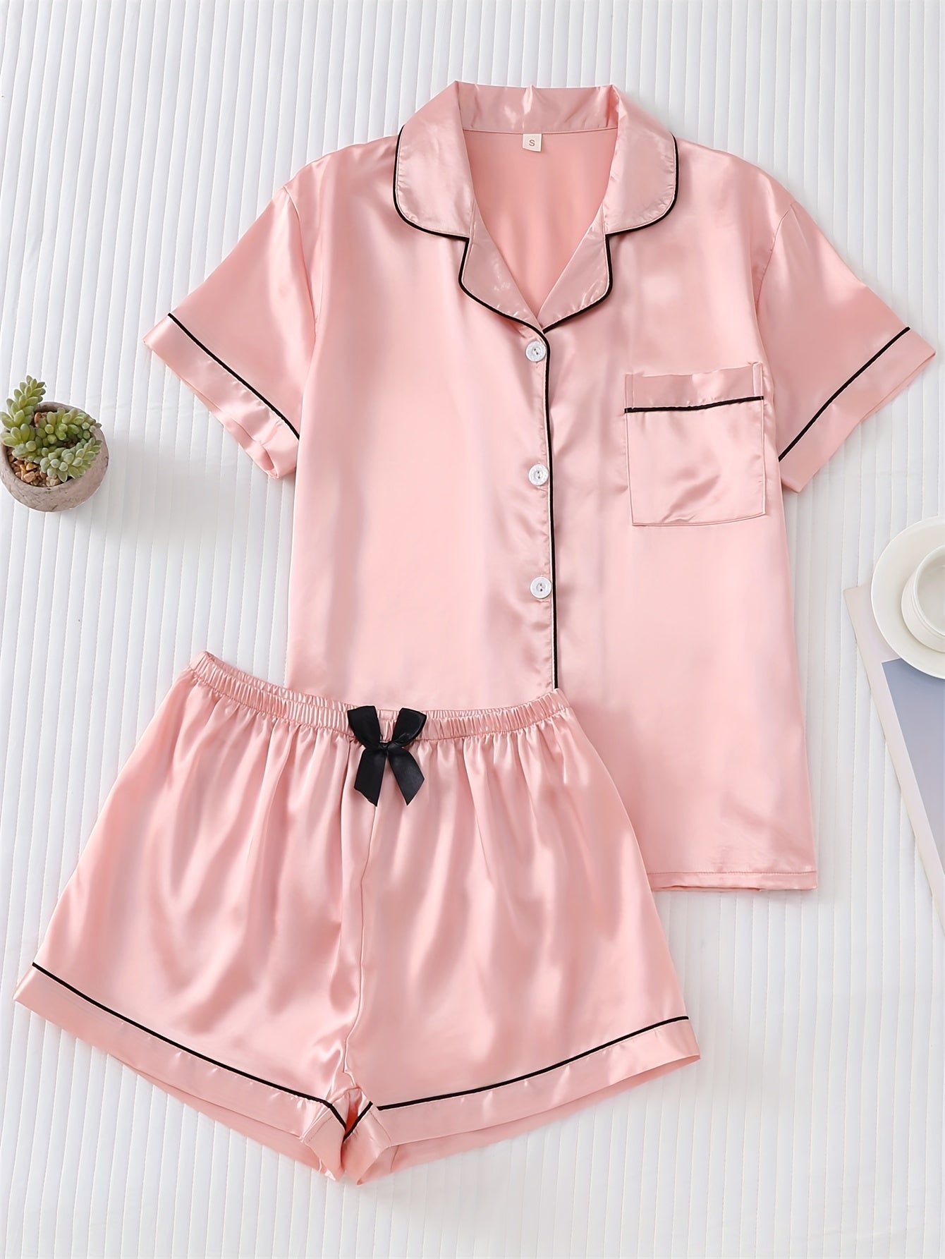 Solid Satin Pajamas Set Short Sleeve Buttons Top & Bow Shorts
