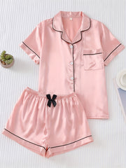 Solid Satin Pajamas Set Short Sleeve Buttons Top & Bow Shorts