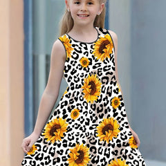 Leopard Sunflower Print Sleeveless T Shirt Dress for Girls