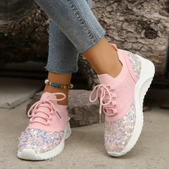 Women's Glitter Sequins Sneakers Pink Lace Up Comfortable Walking Shoes