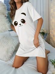 Panda Print Nightdress Short Sleeve Crew Neck Pajama Dress Women's Sleepwear