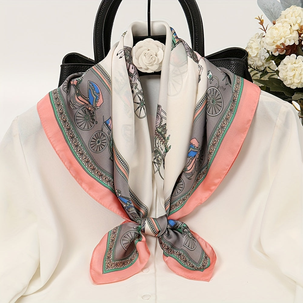 Vintage Carriage Print Satin Square Scarf Bandana Neckerchief Head Wrap