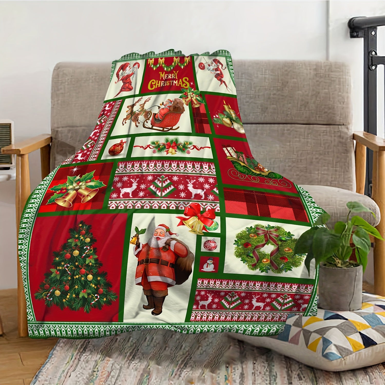 Christmas Bell Elk Plaid Blanket Winter Warm Flannel Blanket