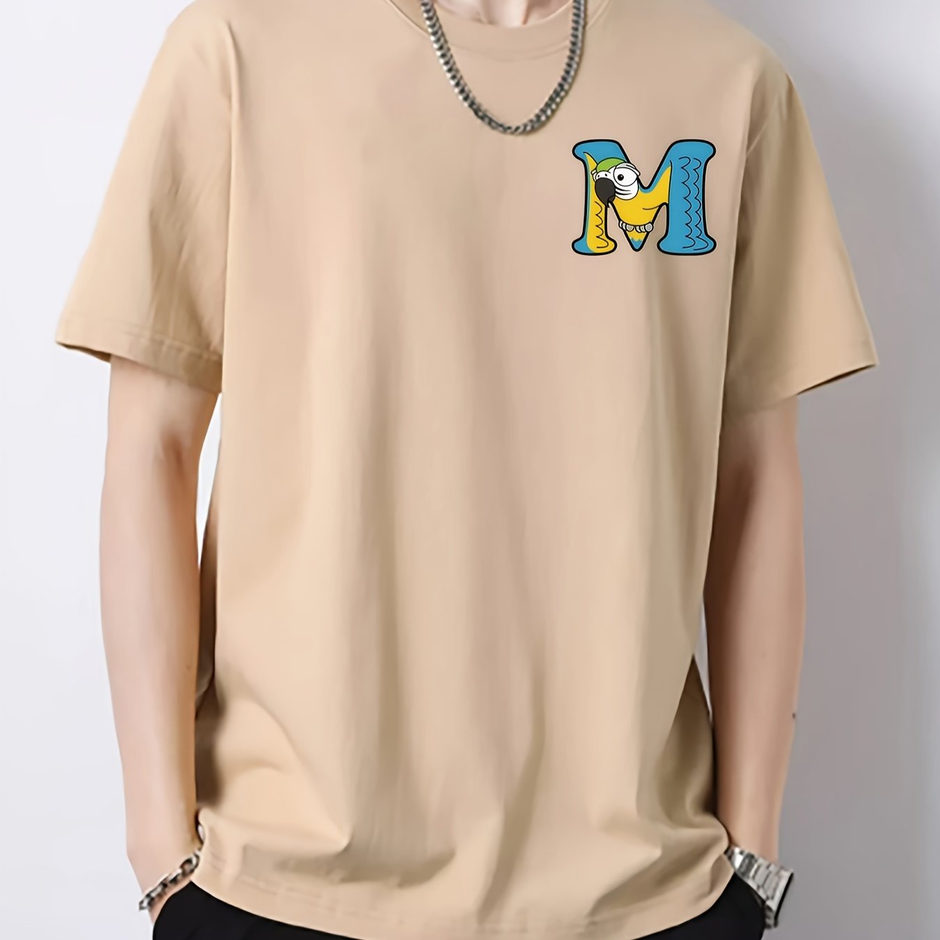 Letter & Parrot Print Men's Cotton Crew Neck T shirt
