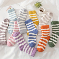 5 Pairs Striped Fuzzy Socks Comfy & Warm Mid Tube Women's Stockings