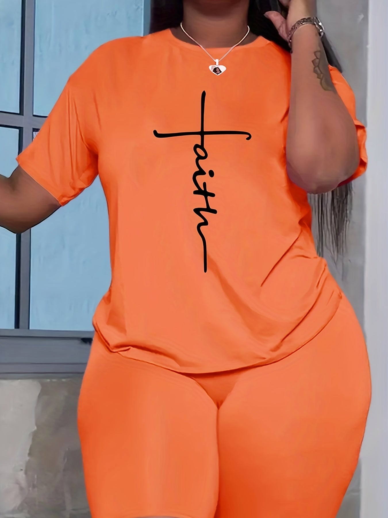 Faith Print 2pc Set Short Sleeve T Shirt & Biker Shorts Outfit Women's Clothing