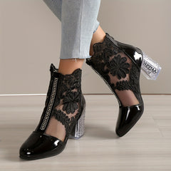 Floral Mesh High Heels Round Toe Chunky Heels Patent Leather Pumps