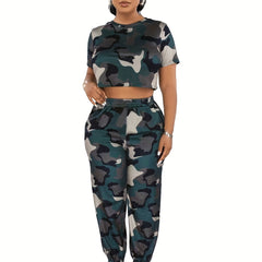 Camo Print Two-Piece Set Short Sleeve Tee & Jogger Pants