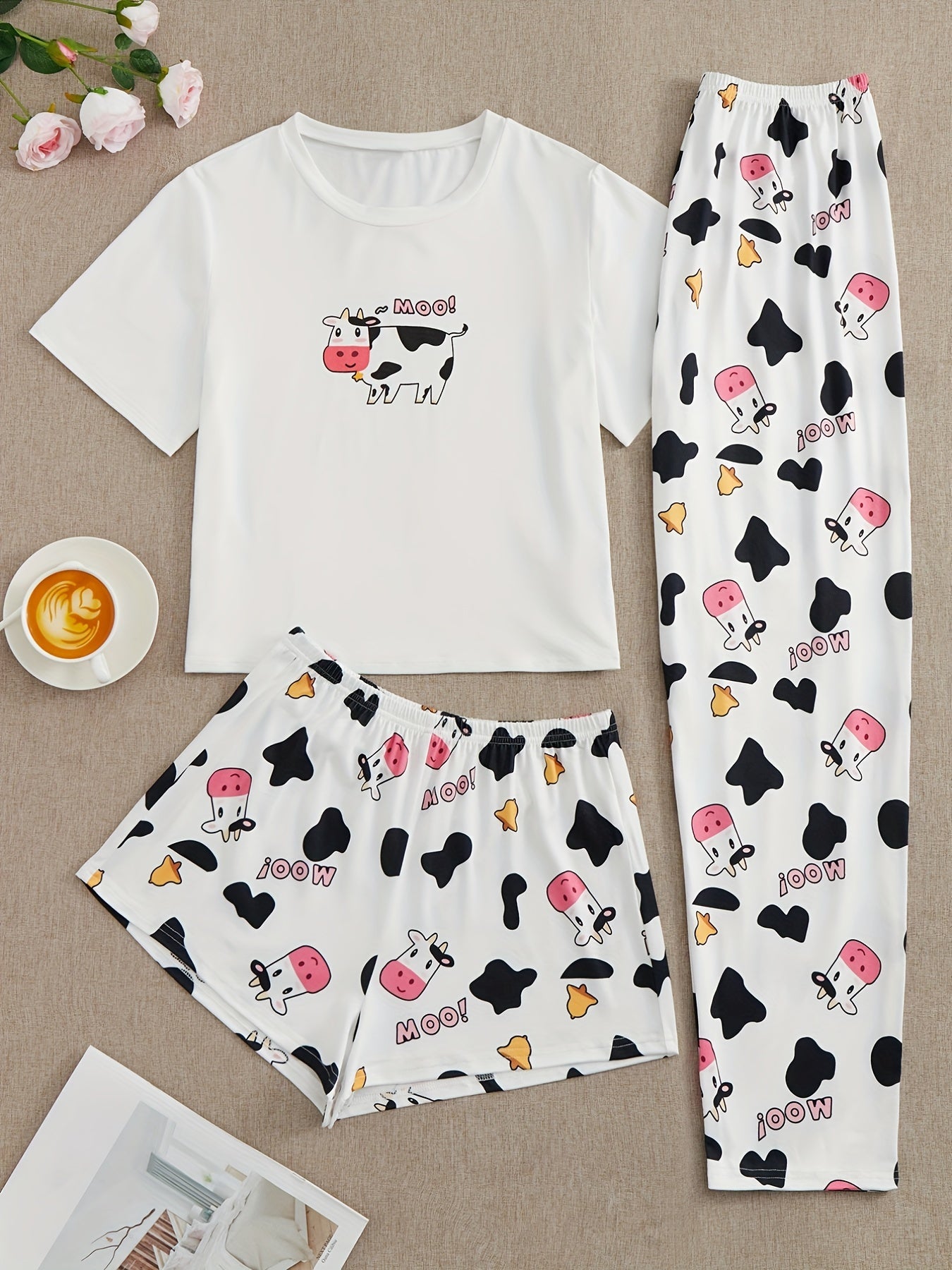 Cow Print Pajamas Set Short Sleeve Crew Neck Top & Shorts & Pants