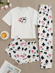 Cow Print Pajamas Set Short Sleeve Crew Neck Top & Shorts & Pants