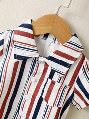2pcs Baby Boys Striped Short Sleeve Shirt & Shorts Set For Summer