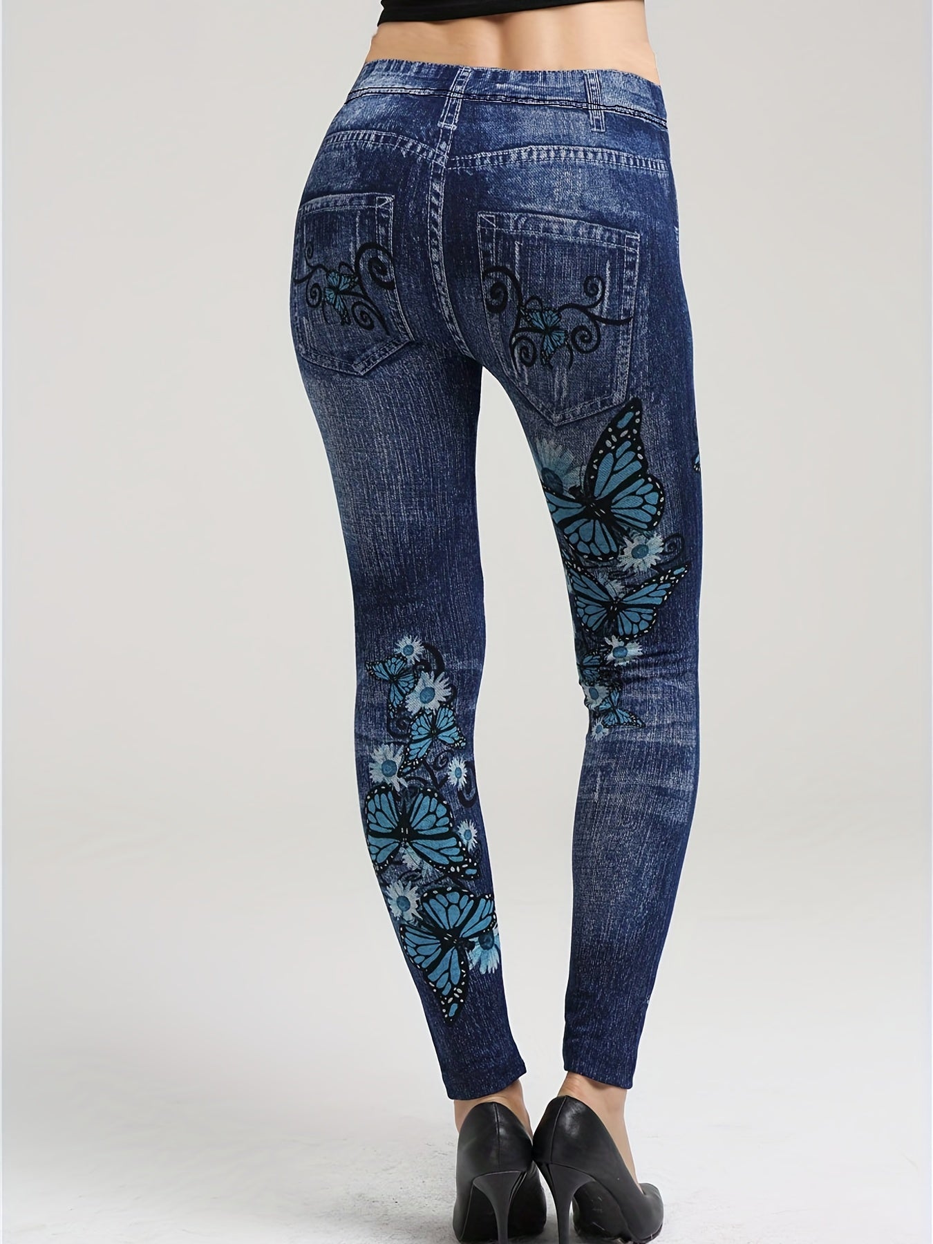 Butterfly & Denim Print Leggings Casual Stretchy Skinny Leggings