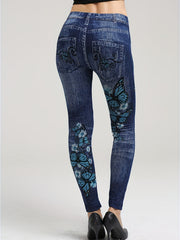 Butterfly & Denim Print Leggings Casual Stretchy Skinny Leggings