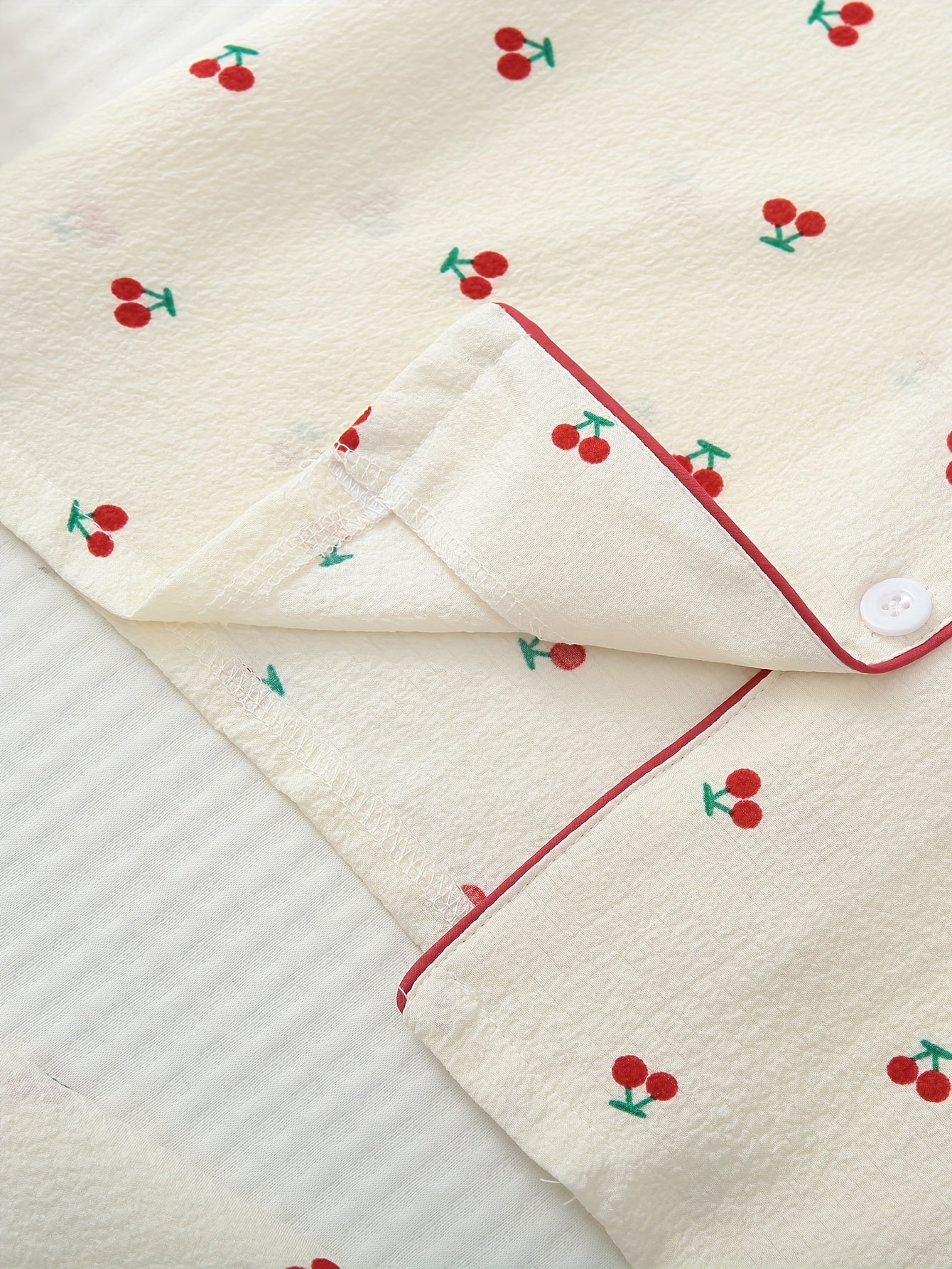 Cherry Print Pajama Set Short Sleeve Button Up Top & Pants Women's Sleepwear
