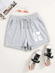 Love Print Hotpants Workout Yoga Drawstring Waist Casual Shorts