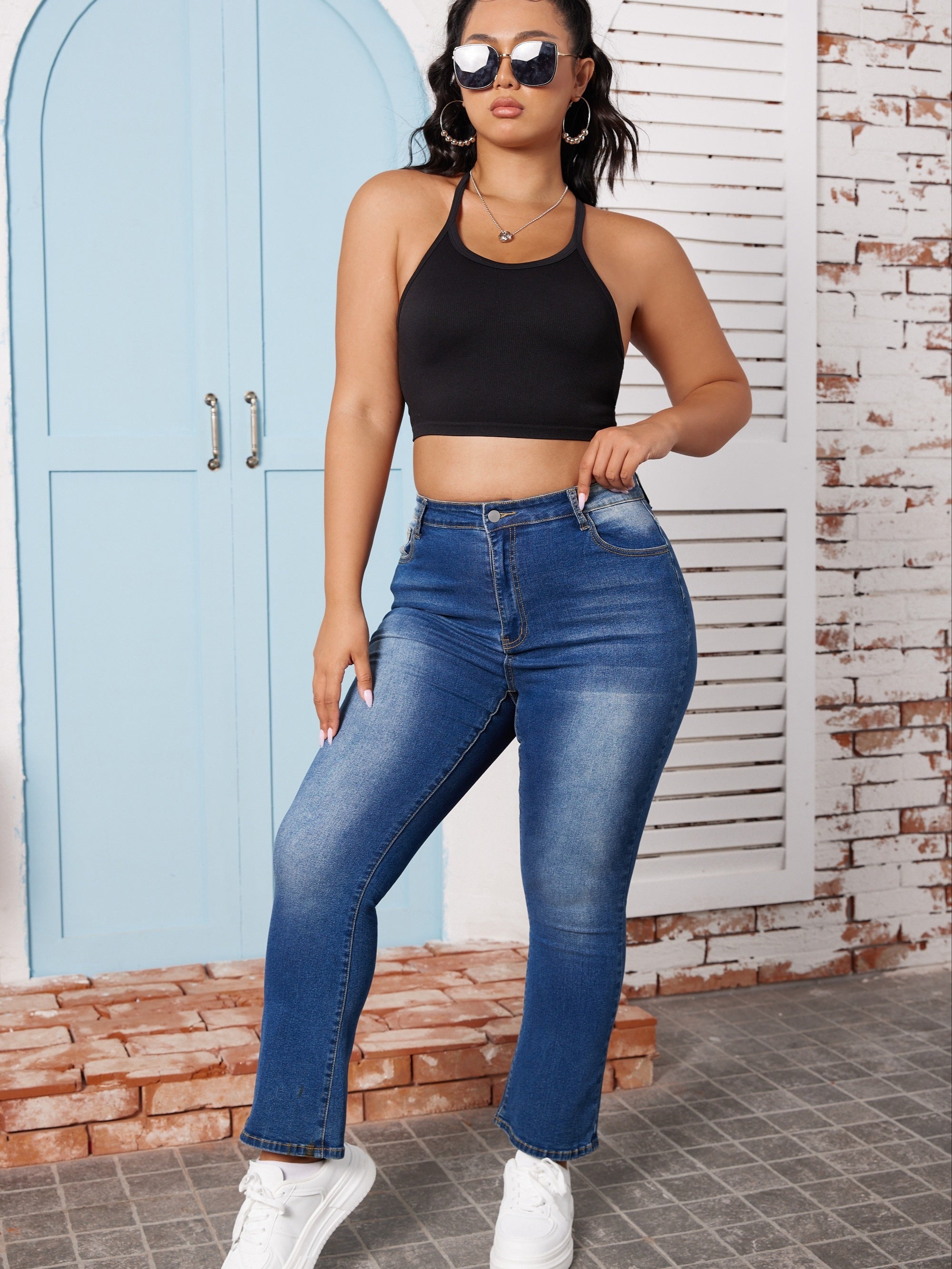 Button Fly High Rise Flared Leg Jeans