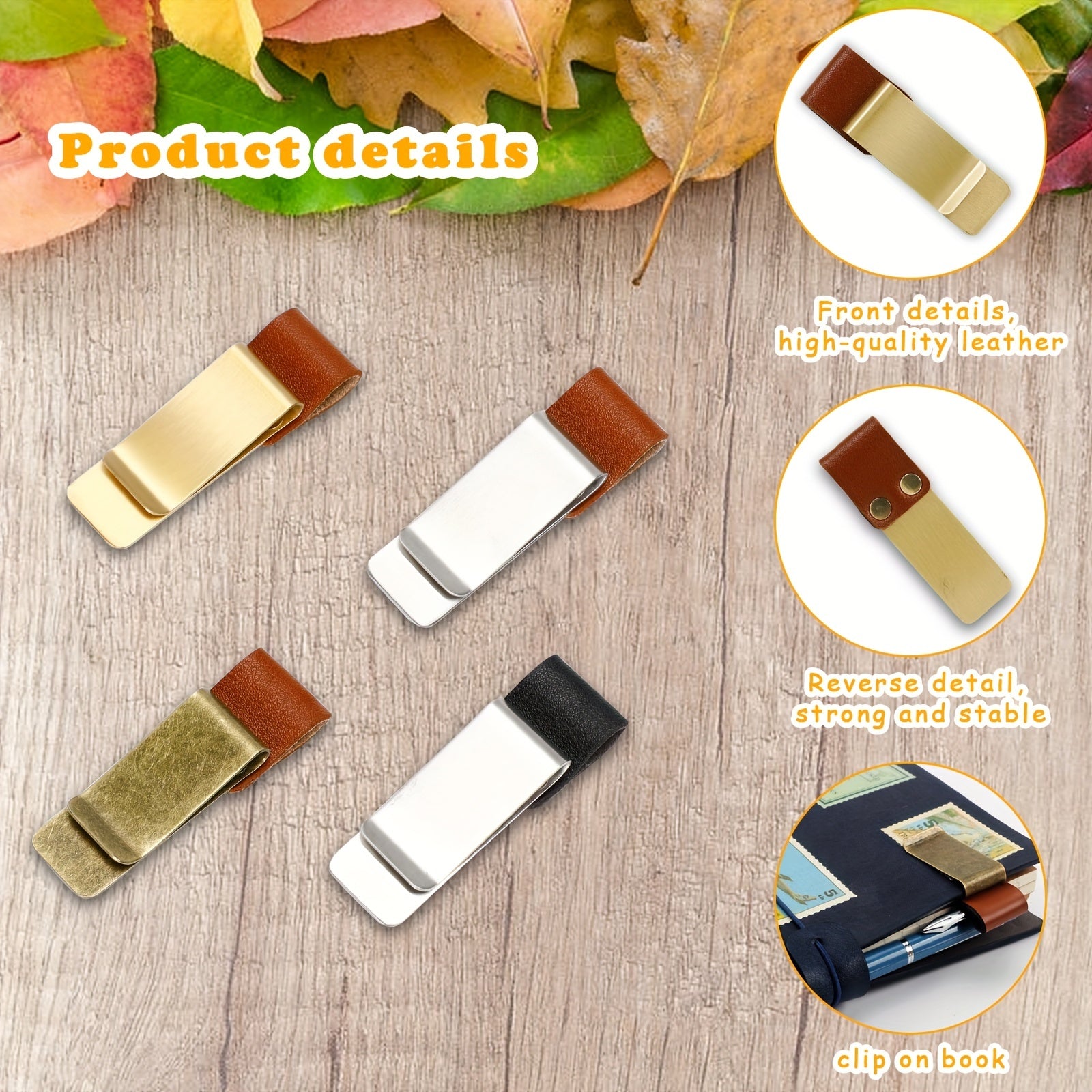 8 PCS Notebook Pen Loop Holder Clip PU Leather Stainless Steel Assorted Colors
