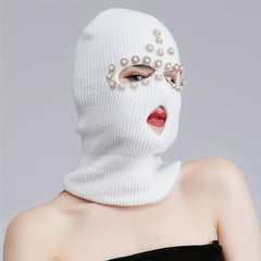 Faux Pearl Rhinestone Balaclava Hip Hop Ski Mask Y2K Knit Hat Neck Gaiter