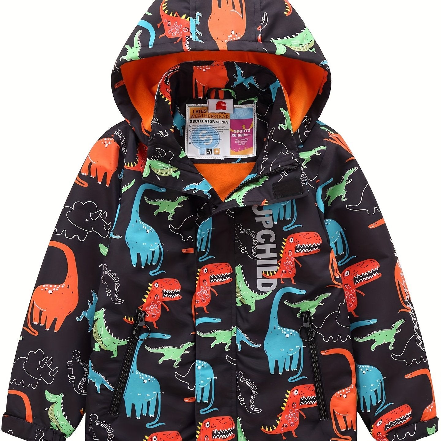 Dino Graphic Print Boy's Hooded Coat Waterproof Windbreaker