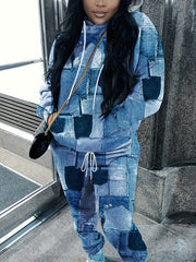 Women's Plus Denim Print Hoodie & Joggers Set