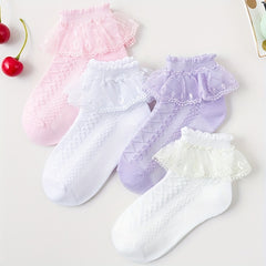 4 Pairs Lace Ruffled Knit Socks Soft Comfortable Breathable Cotton