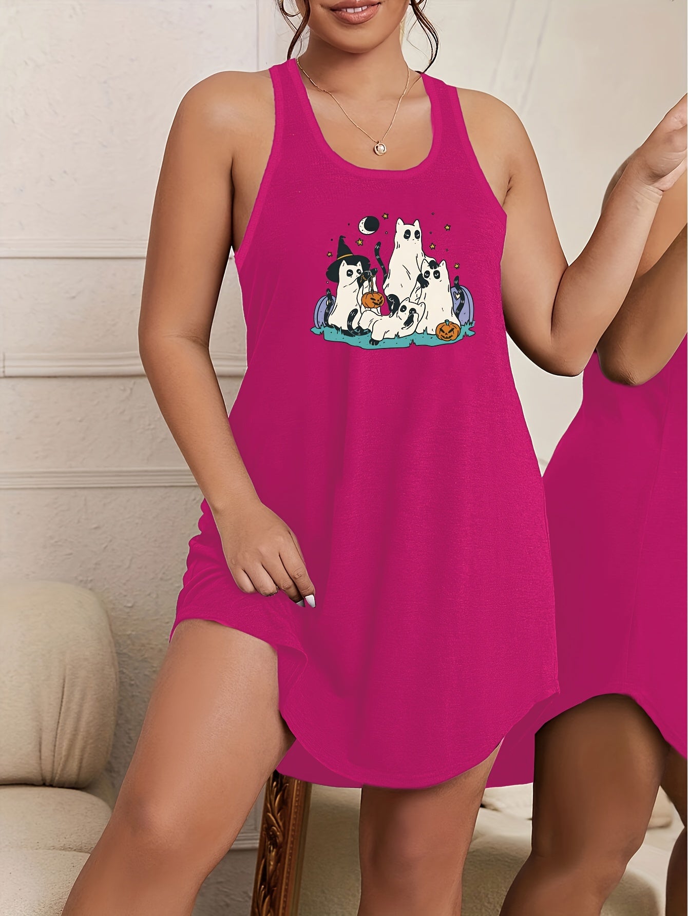 Halloween Cat Ghost & Pumpkin Print Tank Nightdress