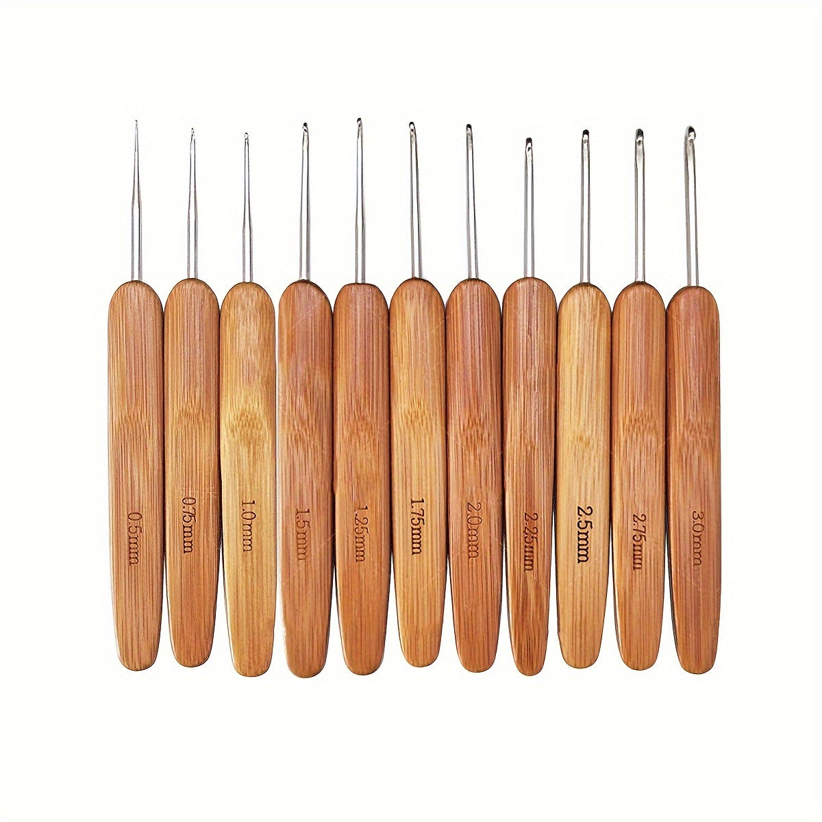 11pcs Ergonomic Crochet Hooks Bamboo Wooden Handle Small Size 0.5-3.0mm