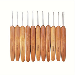 11pcs Ergonomic Crochet Hooks Bamboo Wooden Handle Small Size 0.5-3.0mm