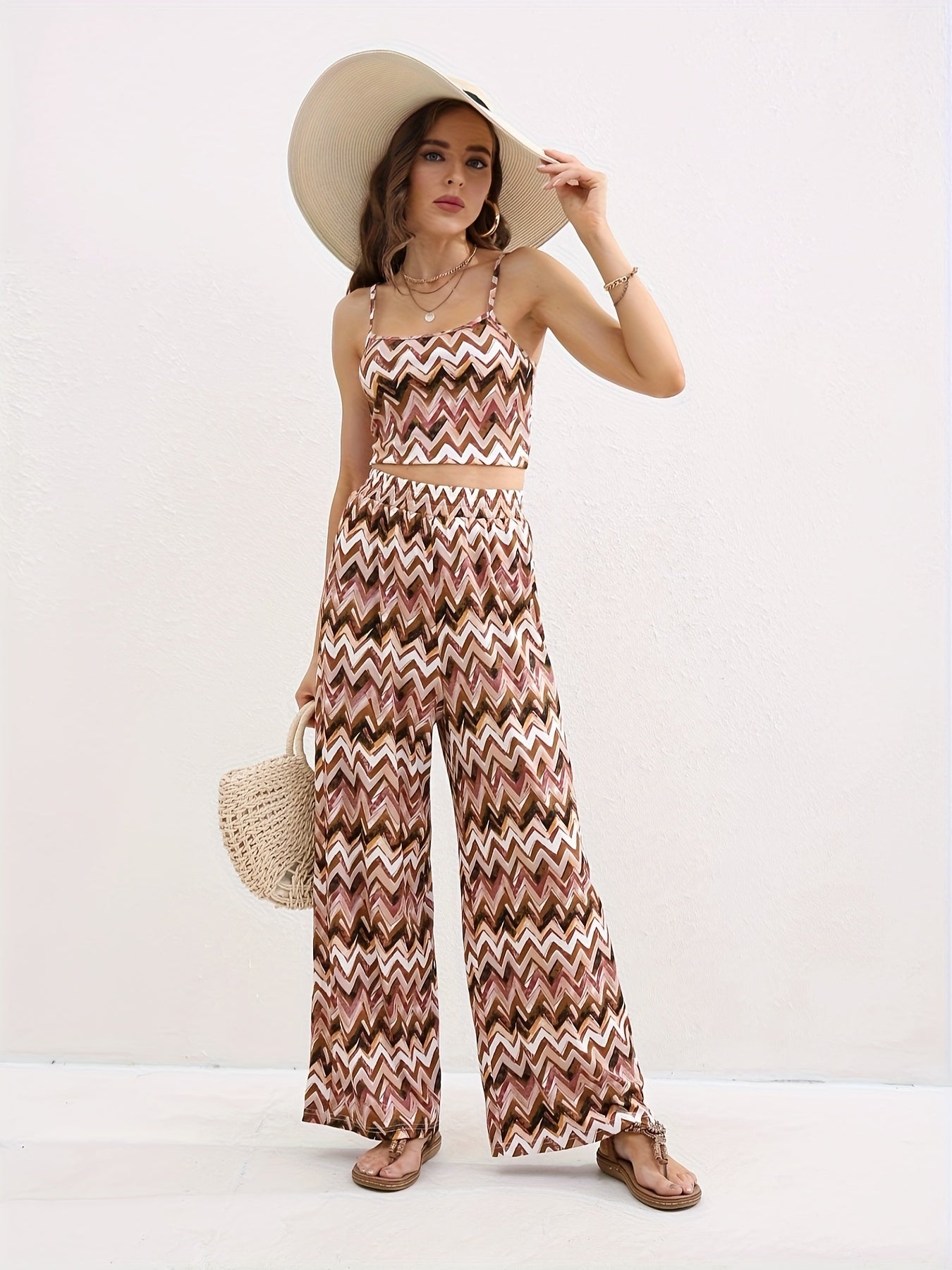 Striped Two Piece Set Crop Cami Top & Wide Leg Pants Outfit
