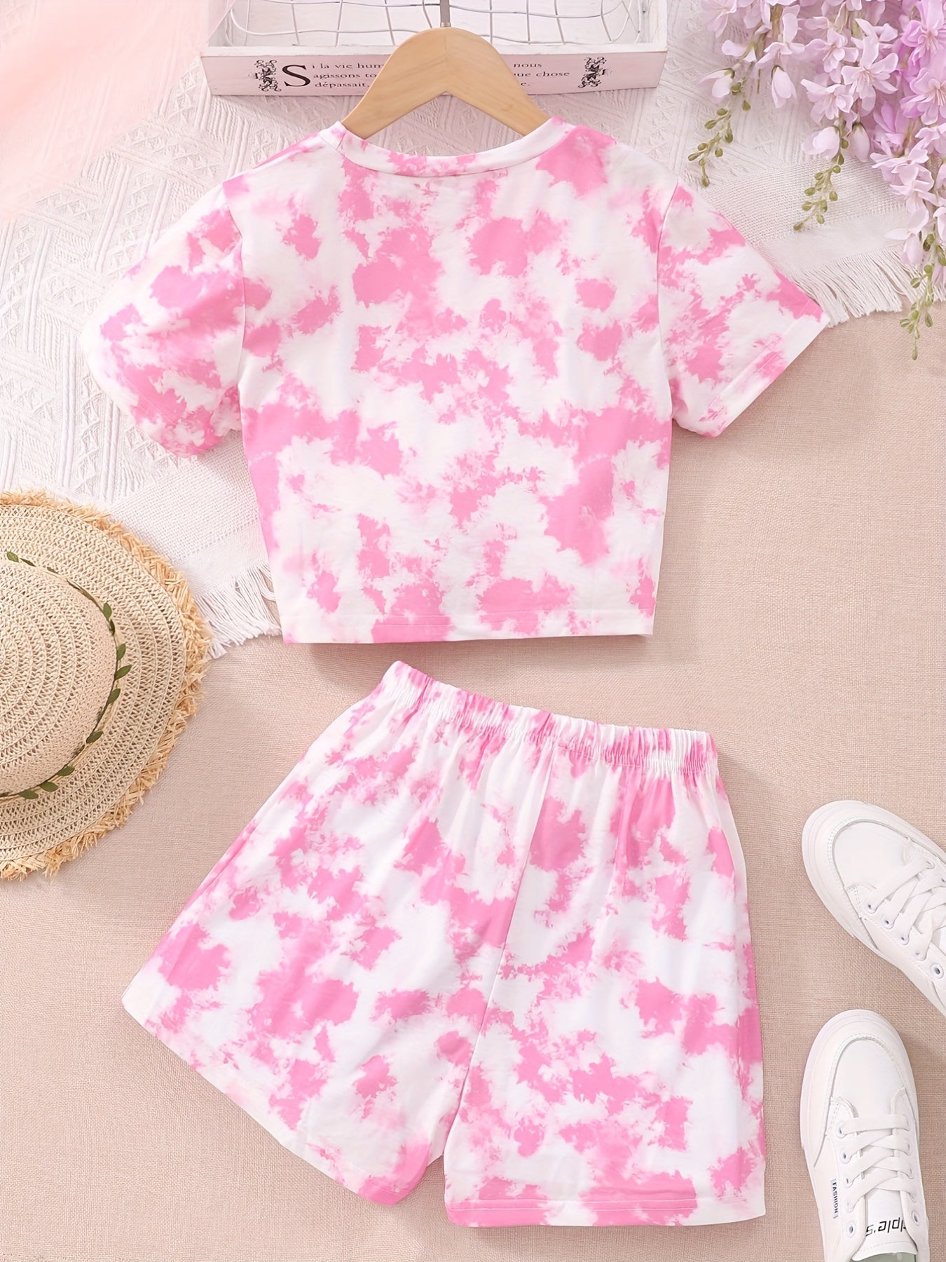 2pcs Girls Tie Dye T-Shirts & Shorts Set Summer Outfit Kids Casual Clothes