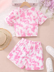 2pcs Girls Tie Dye T-Shirts & Shorts Set Summer Outfit Kids Casual Clothes