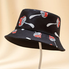 Red Mushroom Print Bucket Hat Reversible Hip Hop Basin Hat