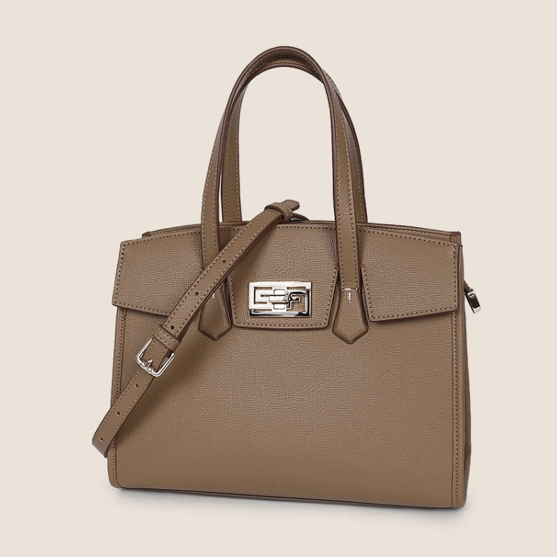 Beige Leather Tote Bag Adjustable Strap Zipper Closure Polyester Lining