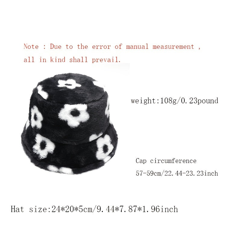 Winter Faux Fur Bucket Hat Flowers Floral Fluffy Fisherman Caps For Women