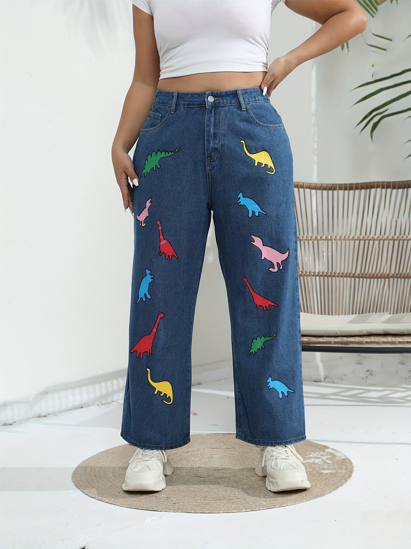 Plus Size Women's Dinosaur Print Wide Leg Jeans