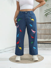 Plus Size Women's Dinosaur Print Wide Leg Jeans