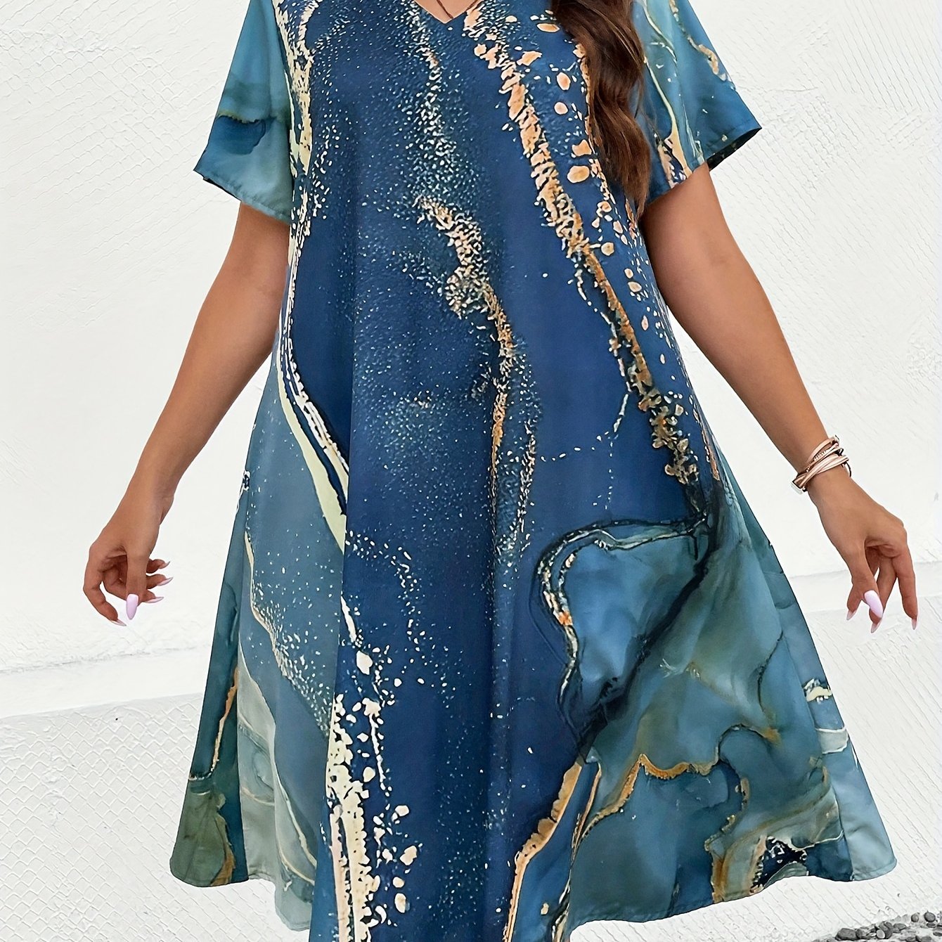 Women's Plus Marble Print V Neck Loose Fit Knee Dress