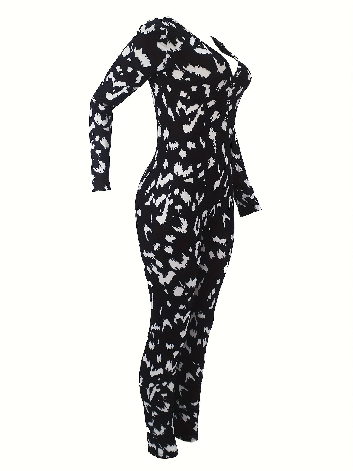 Graffiti Print Lounge Jumpsuit Long Sleeve V Neck Buttons Jumpsuit