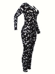 Graffiti Print Lounge Jumpsuit Long Sleeve V Neck Buttons Jumpsuit