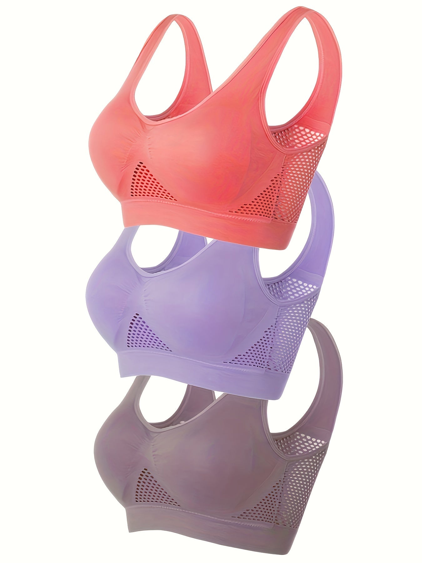 3 Pack Plus Size Sports Bra Set Women's Plus Solid Hollow Out Wireless Ultra