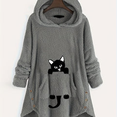 Cat Pattern Print Asymmetrical Loose Hoodies Casual Printed Long Sleeve Hoodies