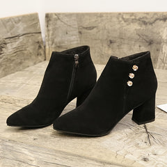 Pointed Toe Block Heeled Ankle Boots Solid Zipper Women's Boot