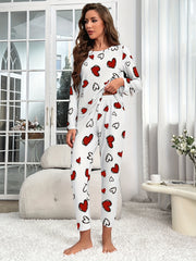 Heart Print Pajama Set Long Sleeve Crew Neck Top & Elastic Waistband Pants