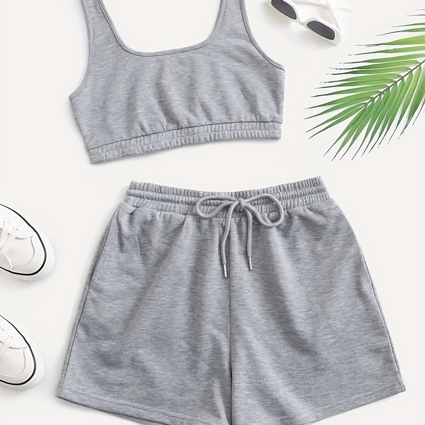 Casual Solid 2pc Set Crop Tank Top & Drawstring Shorts Outfit