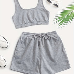 Casual Solid 2pc Set Crop Tank Top & Drawstring Shorts Outfit