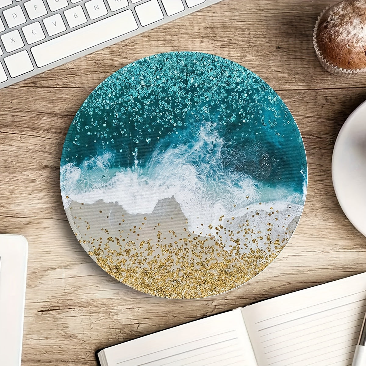 Glitter Beach Breeze Pattern Round Mouse Pad Non Slip Rubber Base Mousepad